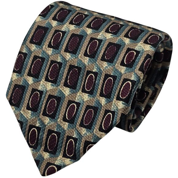 Ferrel Reed RSM USA Made Geometric Teal Burgundy Tan Silk Tie 62.5" - Picture 2 of 6